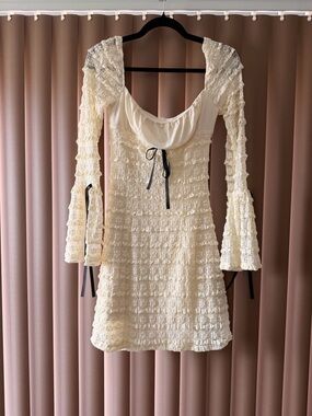Cream Ruffled Long-Sleeve Mini Dress with Scoop Neck
